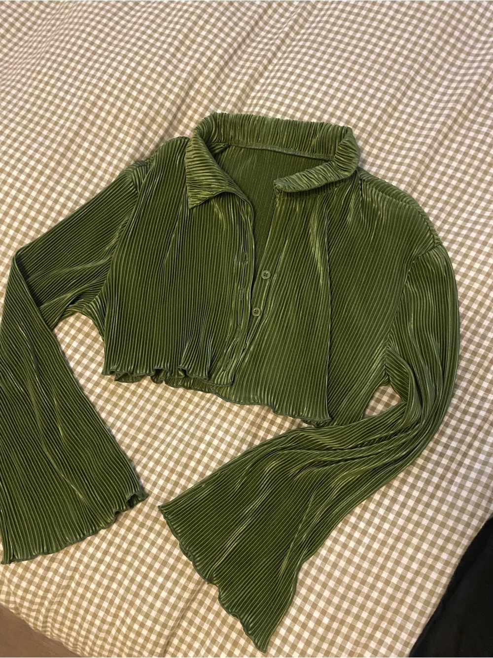 Olive Green Pleated Crop Button-Up Top